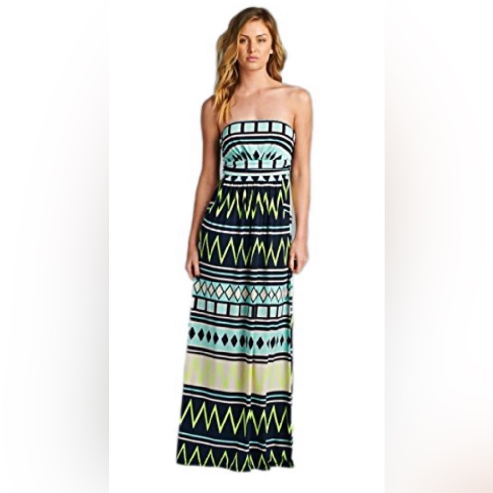 Vibrant Green and Blue Strapless Resort Sundress